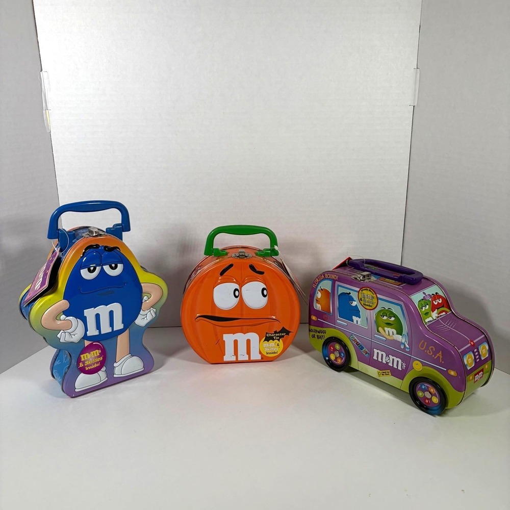 Vintage M&M's Collectible Tin Lot of 3 Blue M&M Orange Pumpkin & Road Trip Bus
